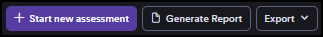 Top-right action area showing plus Start new assessment, Generate Report, and Export buttons