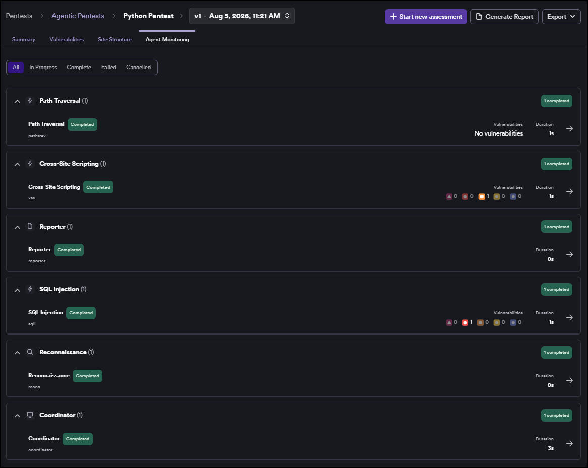 Agent monitoring tab showing Path Traversal, Cross-Site Scripting, SQL Injection, Reconnaissance, Reporter, and Coordinator agent classes, each expanded with one Completed instance