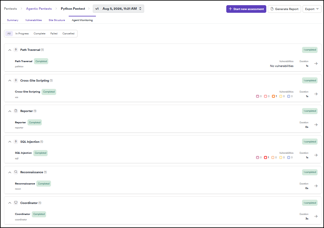 Agent monitoring tab showing Path Traversal, Cross-Site Scripting, SQL Injection, Reconnaissance, Reporter, and Coordinator agent classes, each expanded with one Completed instance