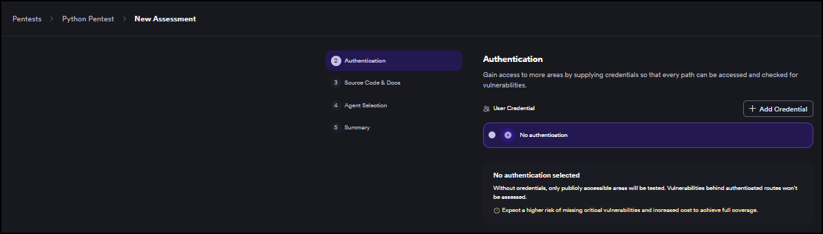 Pentest wizard Step 2 Authentication when editing an existing assessment, showing the step indicator with Authentication, Source Code, Agent Selection, and Summary