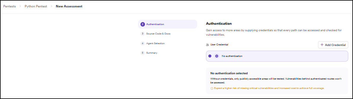 Pentest wizard Step 2 Authentication when editing an existing assessment, showing the step indicator with Authentication, Source Code, Agent Selection, and Summary