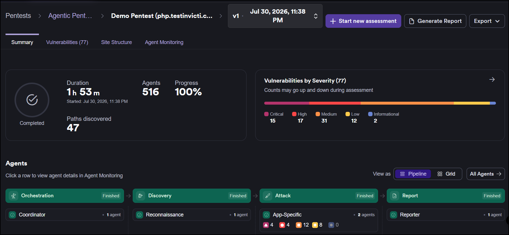 Agentic pentest view showing the Summary, Vulnerabilities, Site Structure, and Agent Monitoring tabs with assessment stats, a Vulnerabilities by Severity chart, and the Agents pipeline showing Orchestration, Discovery, Attack, and Report phases