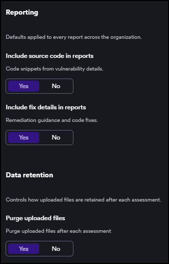 Pentests Settings page showing a Reporting section with two toggle settings and a Data retention section with one toggle setting