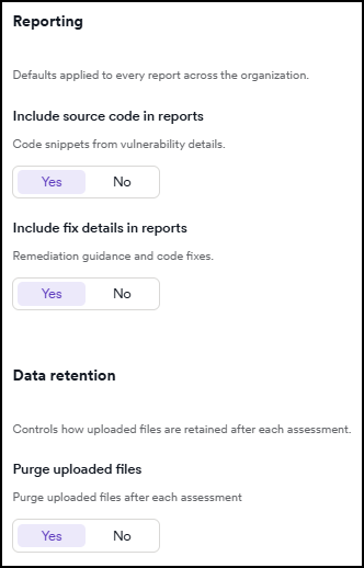 Pentests Settings page showing a Reporting section with two toggle settings and a Data retention section with one toggle setting