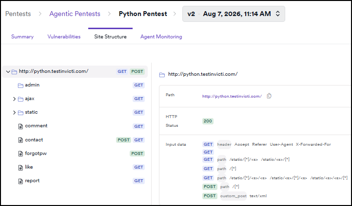 Site structure tab showing a URL tree with folders including admin, ajax, static, comment, contact, and like, and a detail panel showing path, HTTP status code, and input parameters