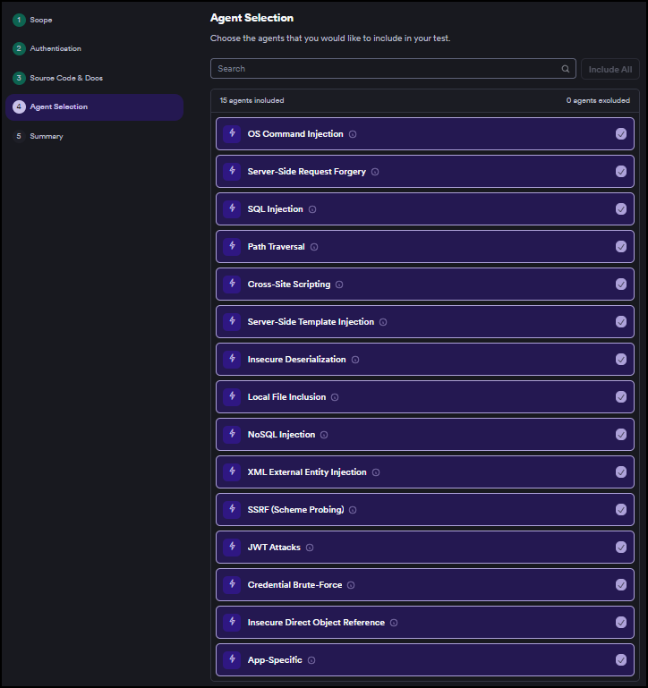 Pentest wizard Step 4 Agent Selection showing all 15 agents included
