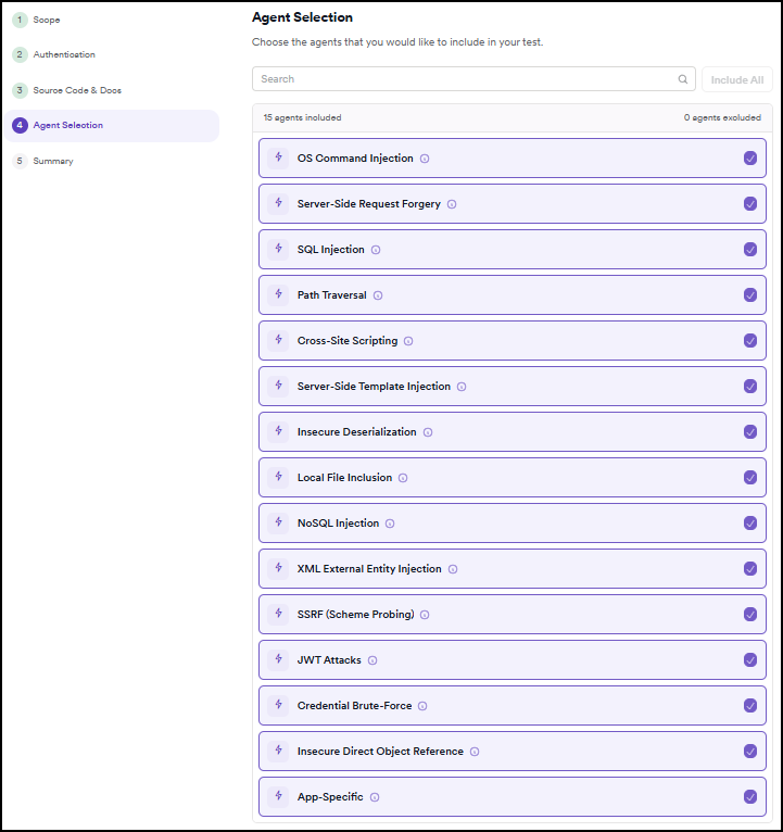 Pentest wizard Step 4 Agent Selection showing all 15 agents included