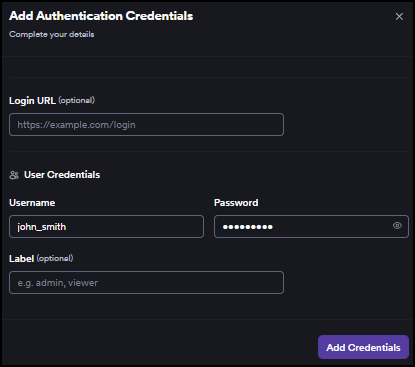 Pentest wizard Step 2 Authentication showing the Add Credentials form with Login URL, Username, Password, and Label fields