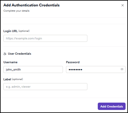 Pentest wizard Step 2 Authentication showing the Add Credentials form with Login URL, Username, Password, and Label fields