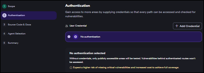 Pentest wizard Step 2 Authentication showing No authentication selected