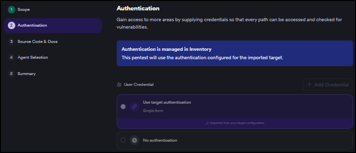 Pentest wizard Step 2 Authentication showing locked authentication section with Authentication is managed in Inventory banner