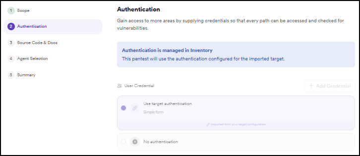 Pentest wizard Step 2 Authentication showing locked authentication section with Authentication is managed in Inventory banner