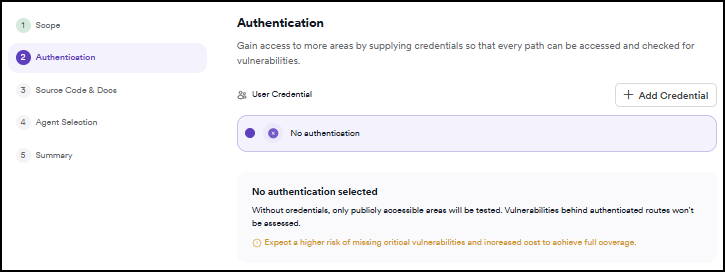 Pentest wizard Step 2 Authentication showing No authentication selected