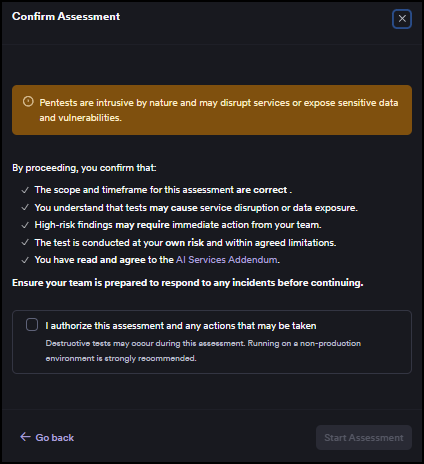 Confirm Assessment dialog with an authorization checkbox and a Start Assessment button