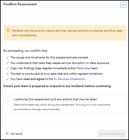 Confirm Assessment dialog with an authorization checkbox and a Start Assessment button