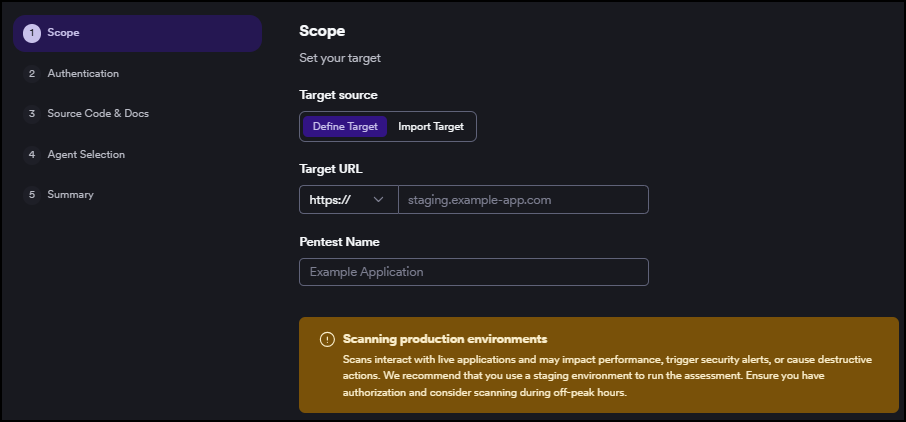 Pentest wizard Step 1 Scope showing target source, target URL, and pentest name fields