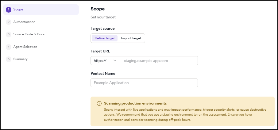 Pentest wizard Step 1 Scope showing target source, target URL, and pentest name fields