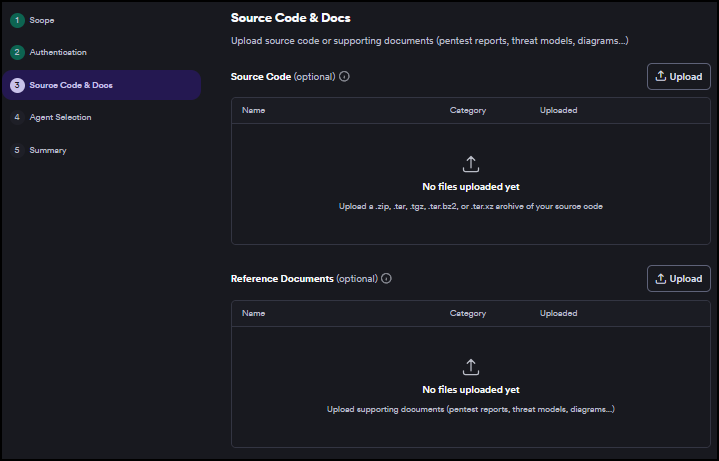 Pentest wizard Step 3 Source Code and Docs showing the Source Code upload area and the Reference Documents upload area