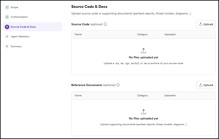 Pentest wizard Step 3 Source Code and Docs showing the Source Code upload area and the Reference Documents upload area