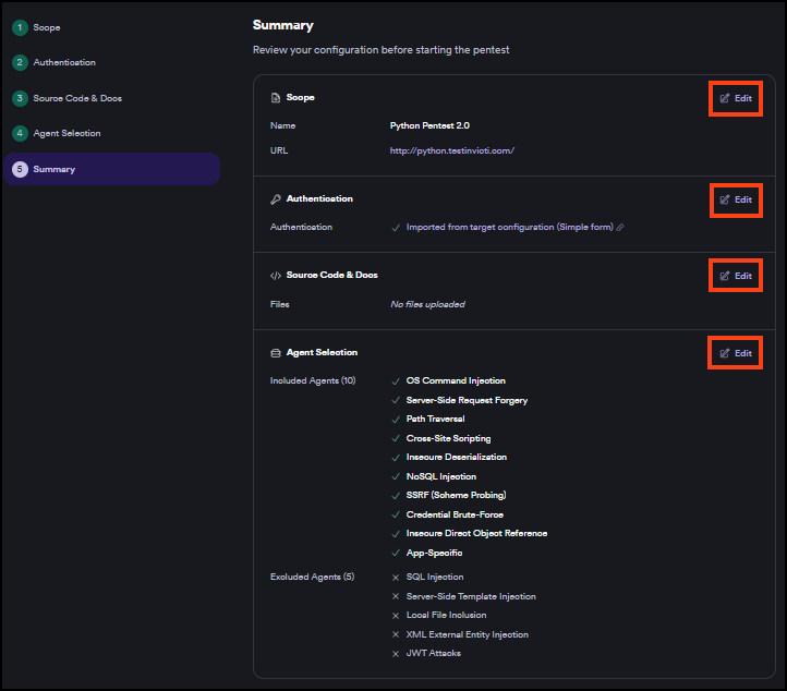 Pentest wizard Step 5 Summary showing Scope, Authentication, Source Code and Docs, and Agent Selection sections each with an Edit link