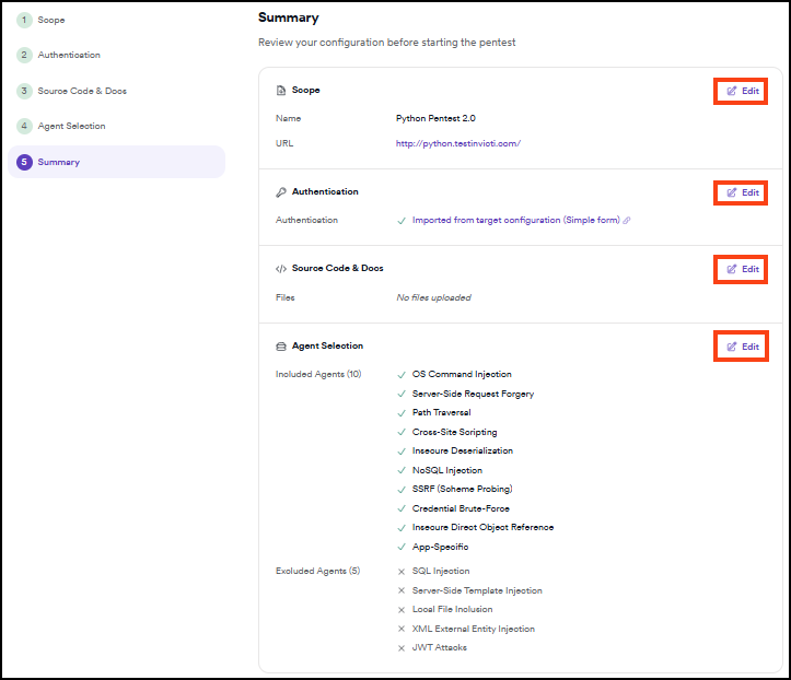 Pentest wizard Step 5 Summary showing Scope, Authentication, Source Code and Docs, and Agent Selection sections each with an Edit link