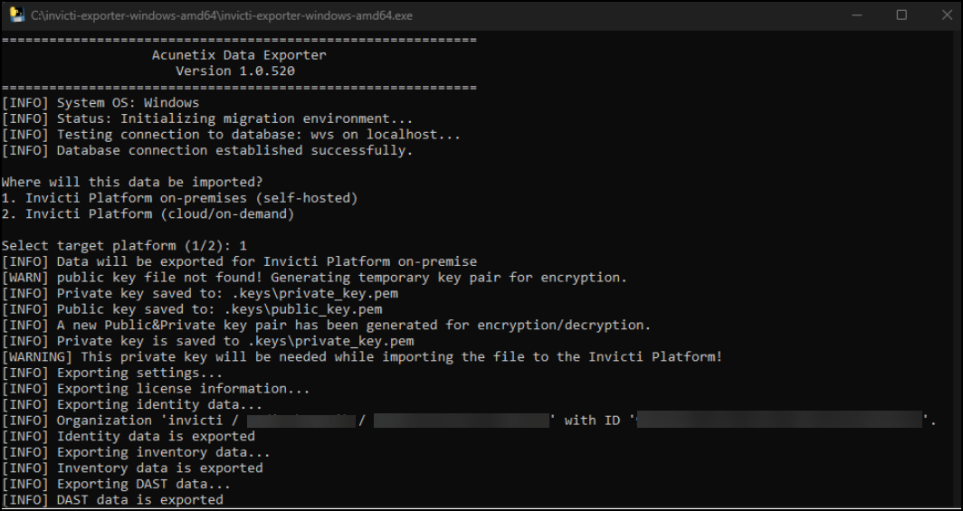 Invicti exporter tool generating an encryption certificate