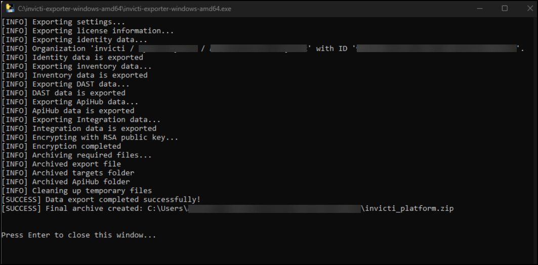 Invicti exporter showing the exported data zip file in the temp folder