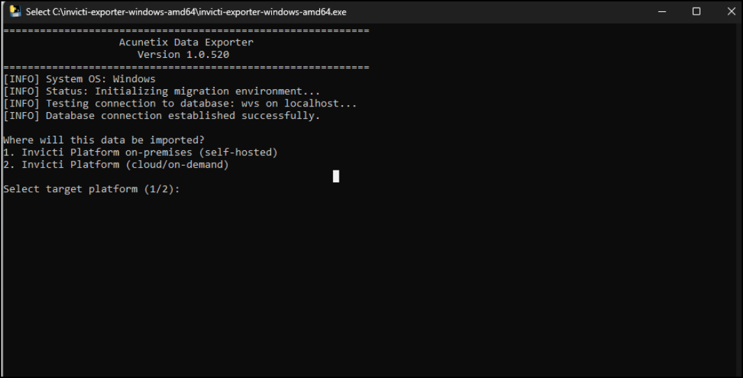 Invicti exporter tool showing deployment type selection