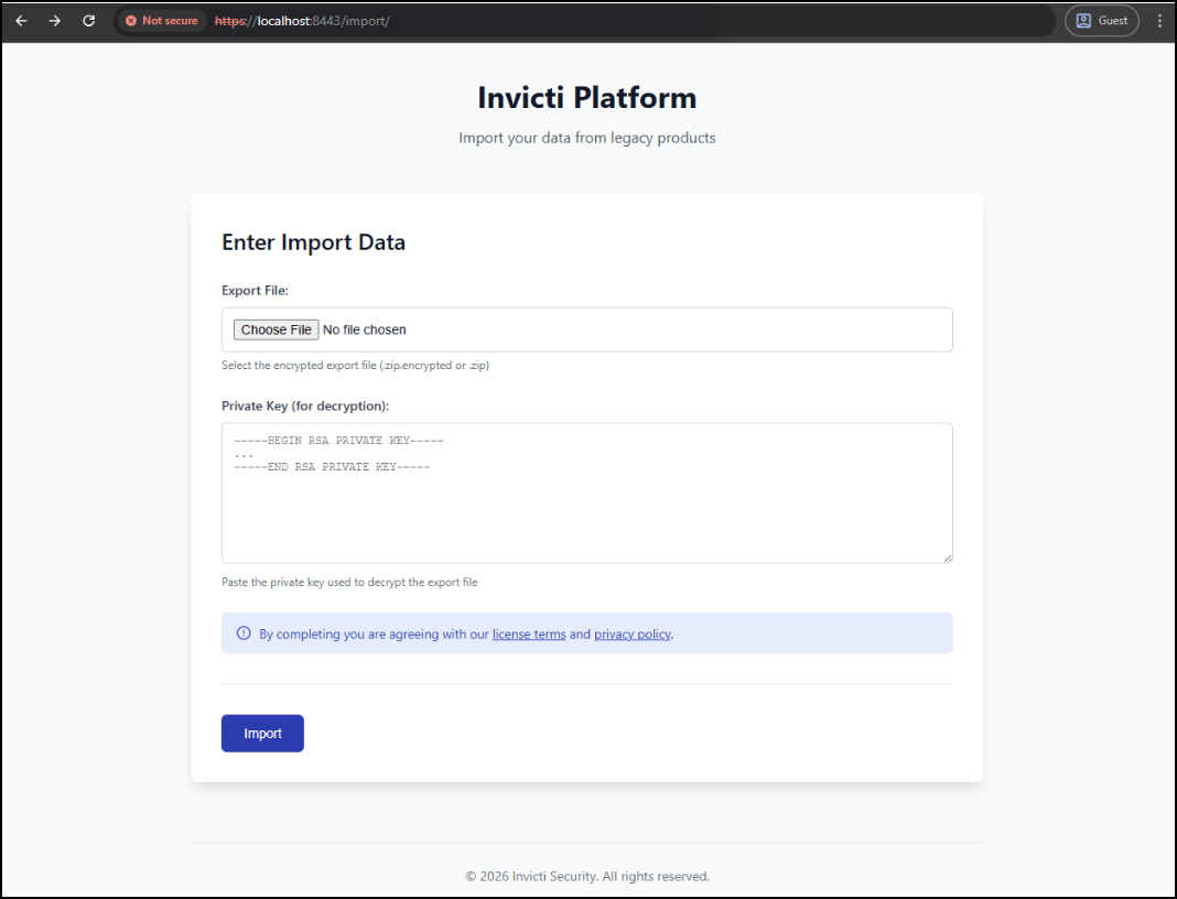 Invicti Platform import page showing export file and private key upload fields