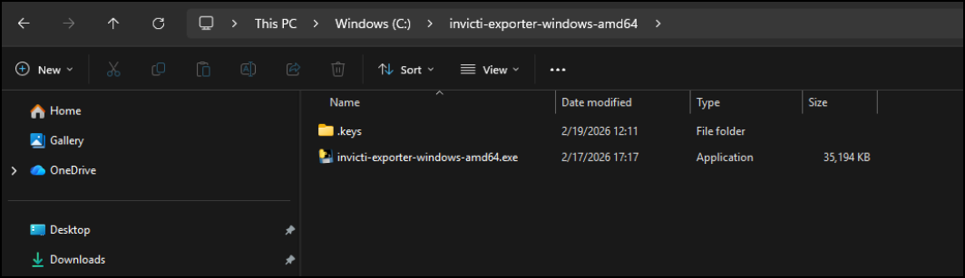 Invicti exporter showing the .keys folder containing the certificate files
