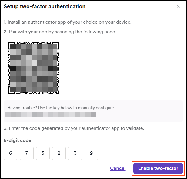 Scan the QR code with your authentication app and enter two consecutive codes