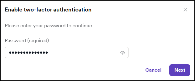 Enter your Invicti password, then click Enable 2FA