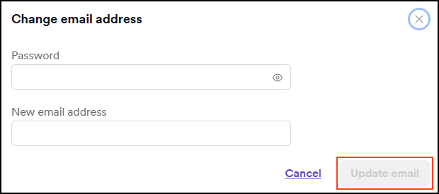 Enter current password and new email address, then click Update email