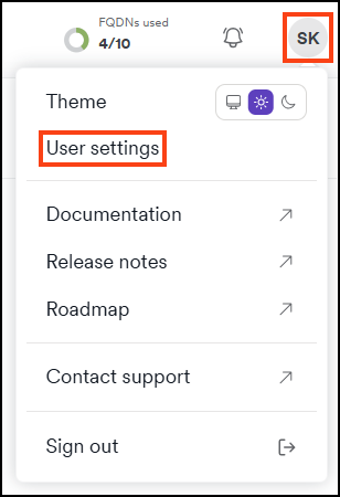 Click the initials at the top right corner of the page, then select User settings