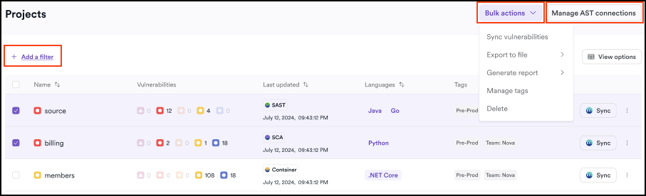 Available actions on the Projects page
