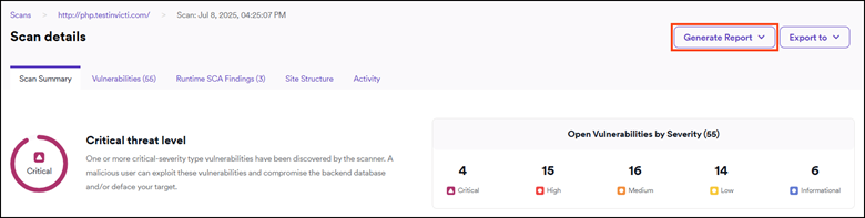 Generate report button on scan details page
