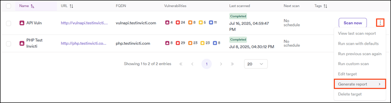 Generate report option in target menu