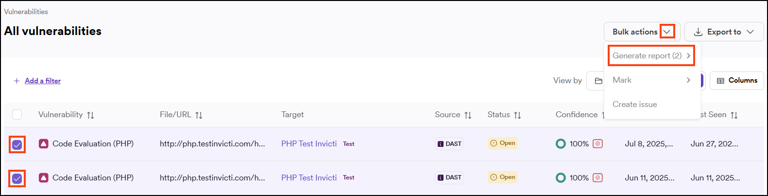 Bulk action menu showing Generate report option for selected vulnerabilities