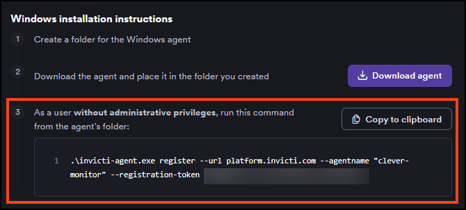 Windows agent registration command with token