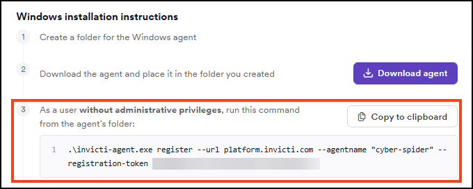 Windows agent registration command with token