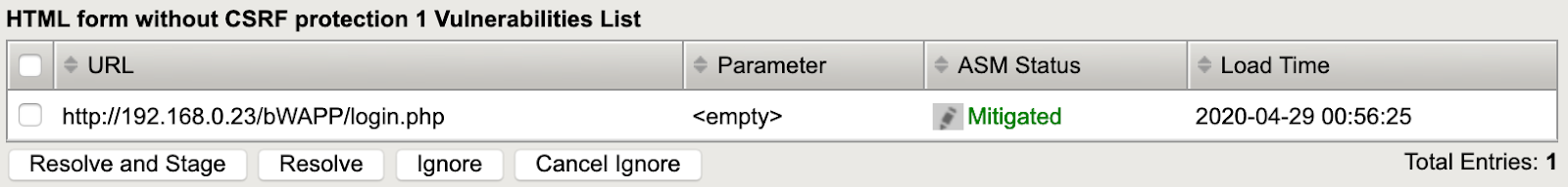 F5 BIG-IP ASM showing the status as mitigated