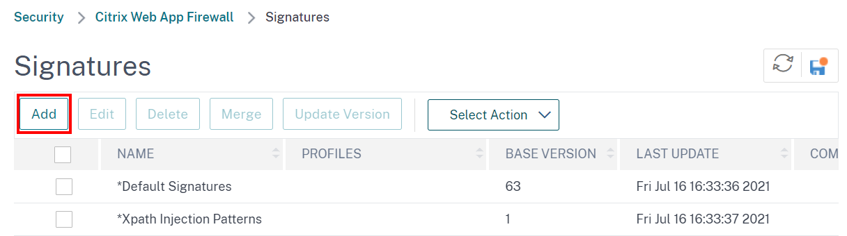 Citrix Web App Firewall Add button for creating new signatures