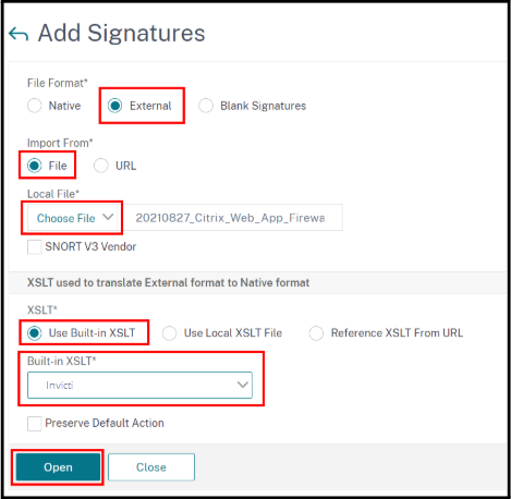 Citrix Web App Firewall file upload dialog with External format and Invicti XSLT selection