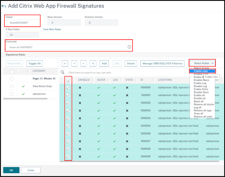 Citrix Web App Firewall signature configuration with name, roles, and Enable Rules action