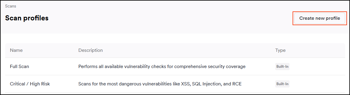 Create new profile button in the scan profiles interface