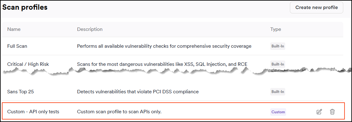 Custom scan profile listed at the bottom of the scan profiles page
