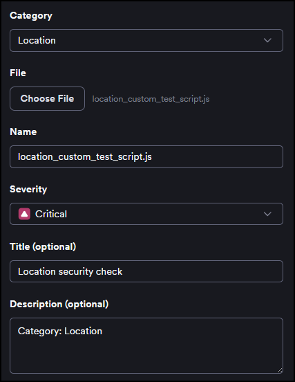 New security check form showing Category, File, Name, Severity, Title, and Description fields