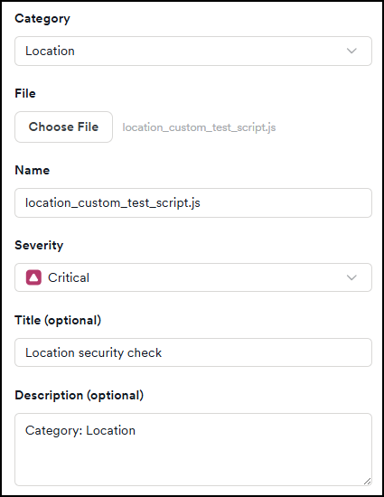 New security check form showing Category, File, Name, Severity, Title, and Description fields