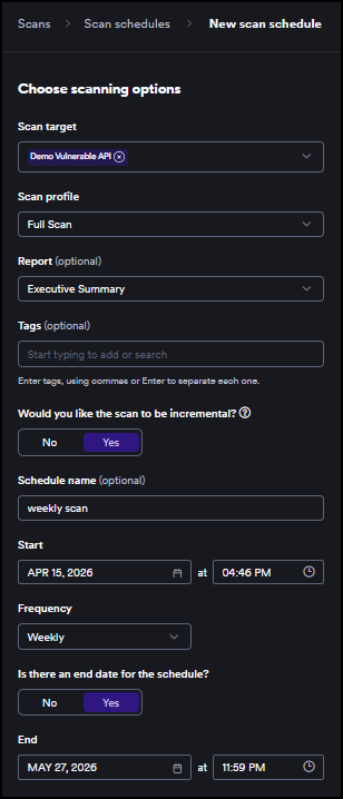 New DAST scan schedule form showing the start date, frequency, and end date settings