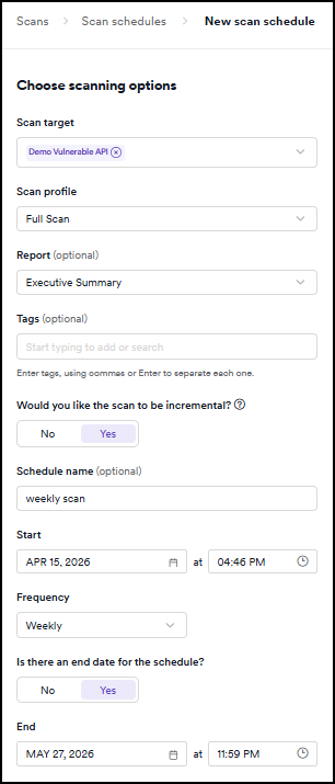 New DAST scan schedule form showing the start date, frequency, and end date settings